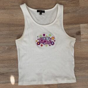 Dolls Kill White Tank Top with Purple and Red Embroidery